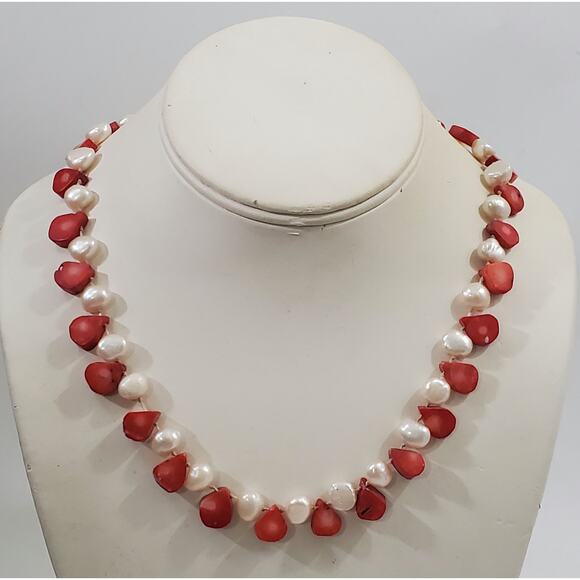 Freshwater Pearl & Teardrop Shaped Red Coral Bead Sterling Silver Necklace 20" - Picture 1 of 9
